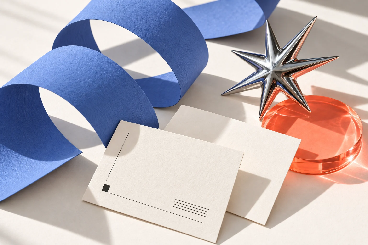 A playful arrangement of blue paper, a silver star, and coral glass on a warm cream surface